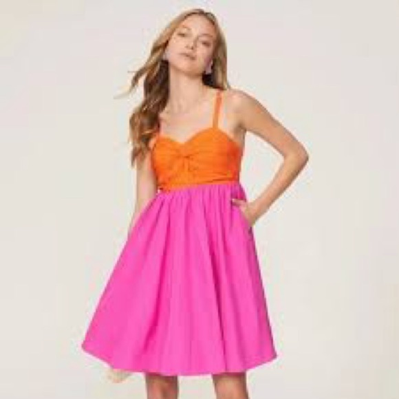 Kate Spade Twist Bodice Colorblock Dress Pink Orange 0 Strapless - Picture 2 of 11